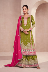Designer green contrasting pure silk dress with deatiled embroidery work